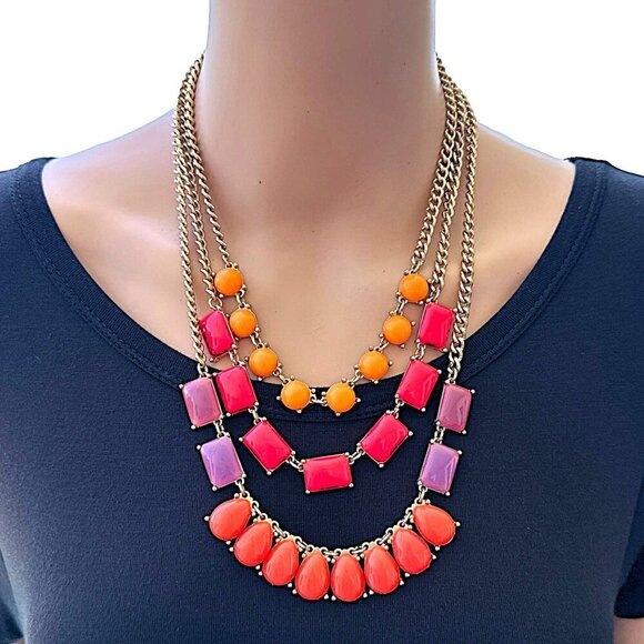 MIKA Statement Necklace Triple Layered Chunky Statement Gold Tone Coral Orange P - Picture 2 of 5